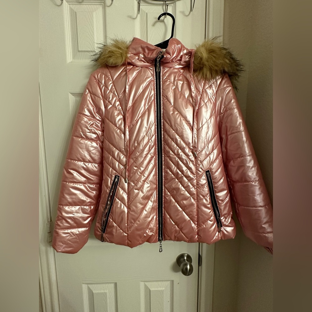 Light pink Metallic weatherproof snow suit, two piece. Removable hood